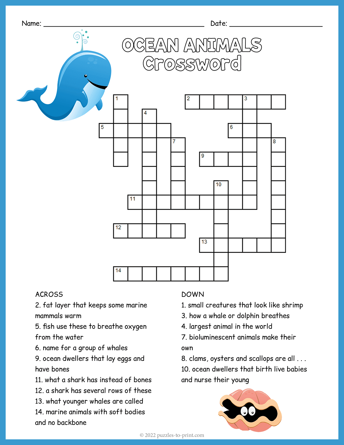 Free Printable Ocean Animals Crossword