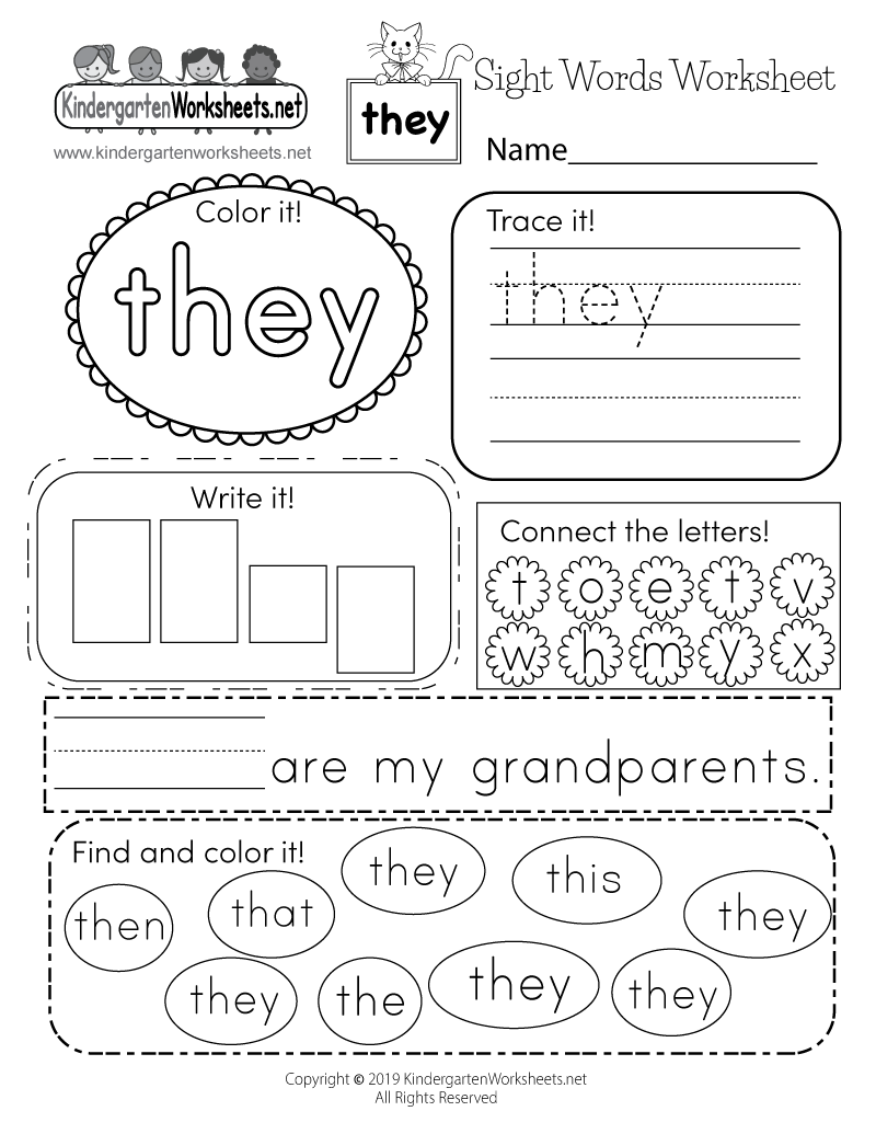 Free Printable Kindergarten Worksheets Sight Words