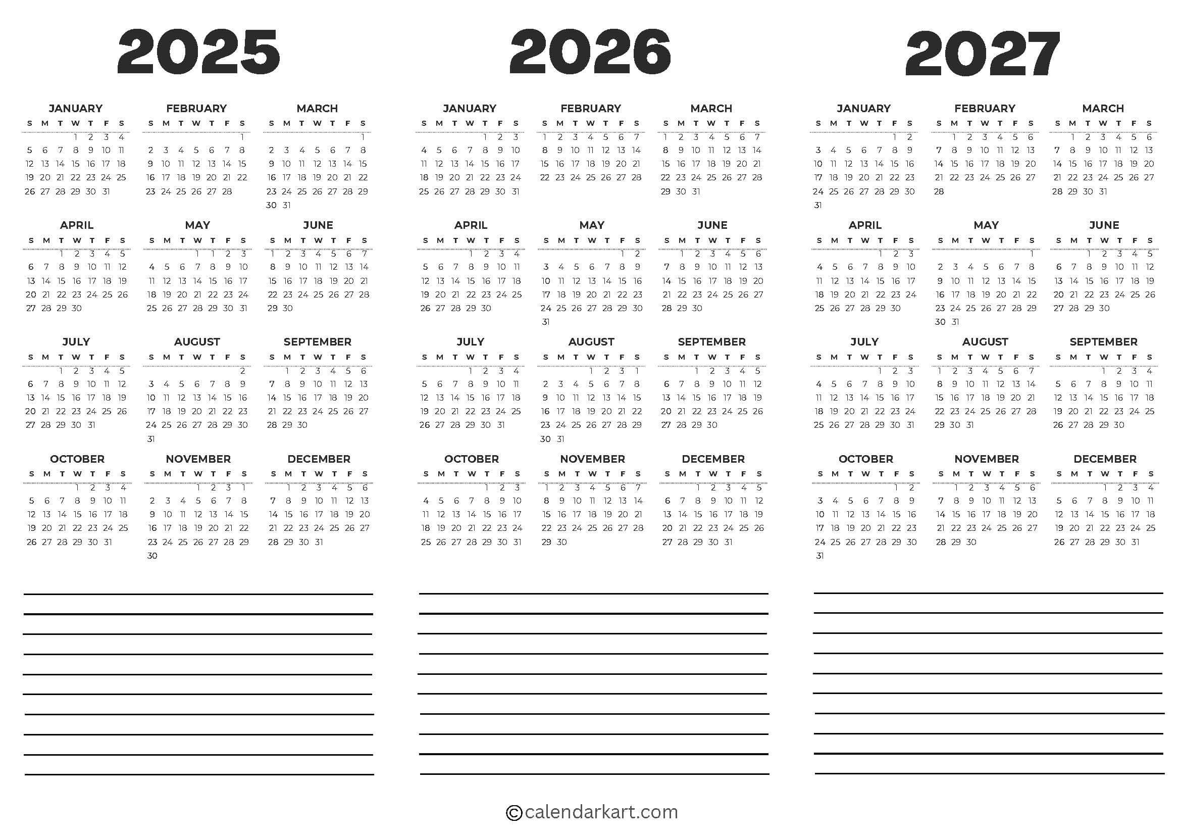 3 Year Calendar 2026 To 2027 Printable