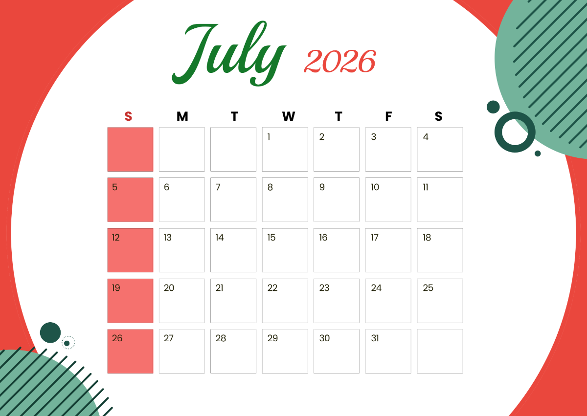 Free Round July 2026 Calendar Template To Edit Online