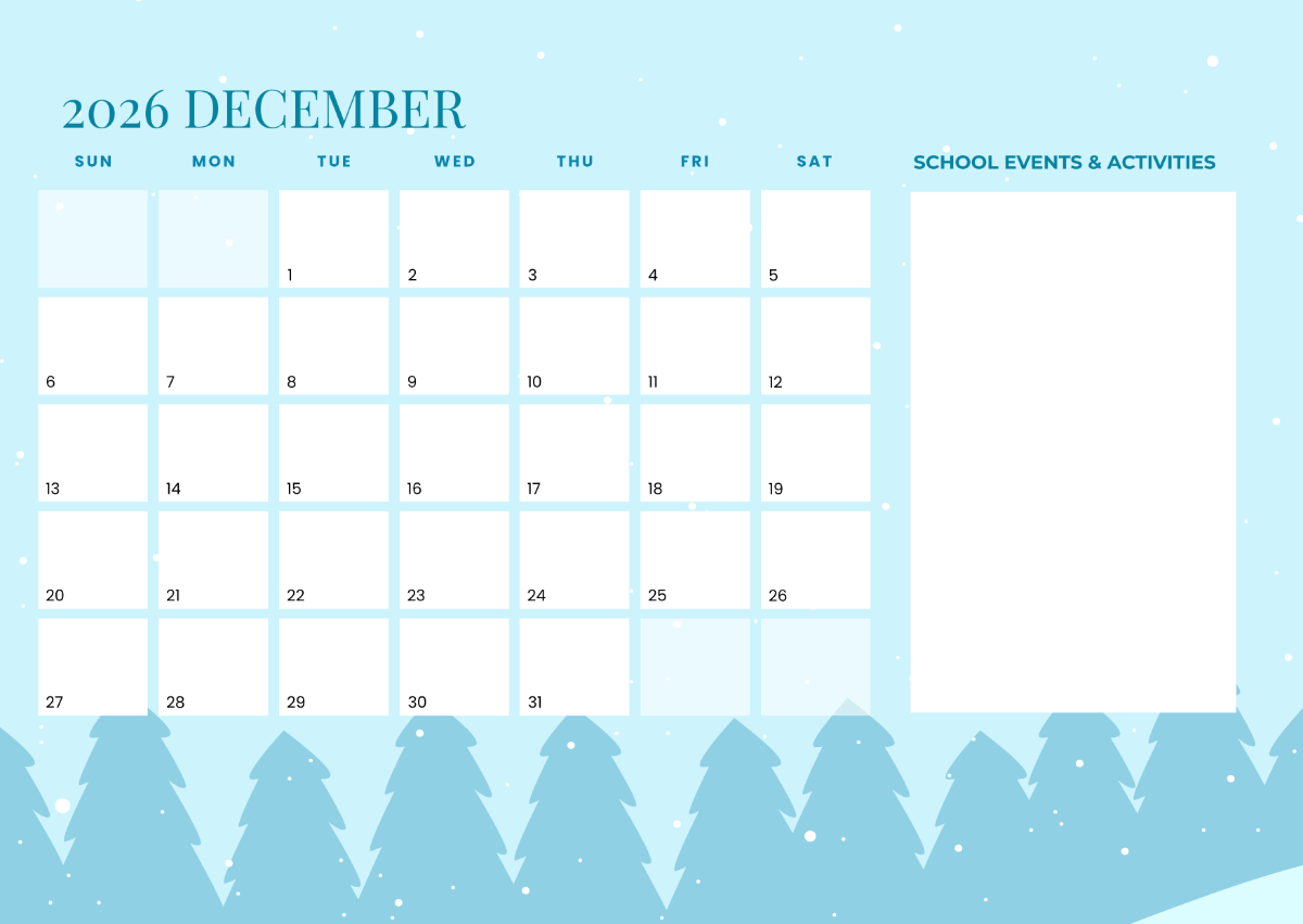 Free School December 2026 Calendar Template To Edit Online