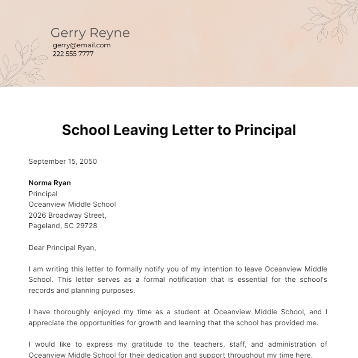 Free School Leaving Letter To Principal Template To Edit Online