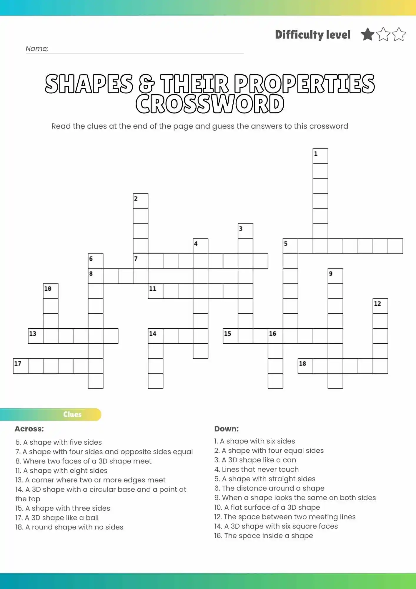 Free Shapes amp Their Properties Crossword Puzzle Printable Math 