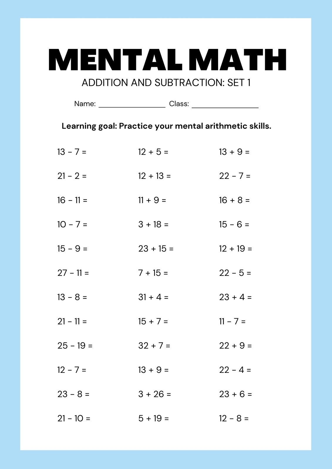 Adding And Subtracting Printable Worksheets