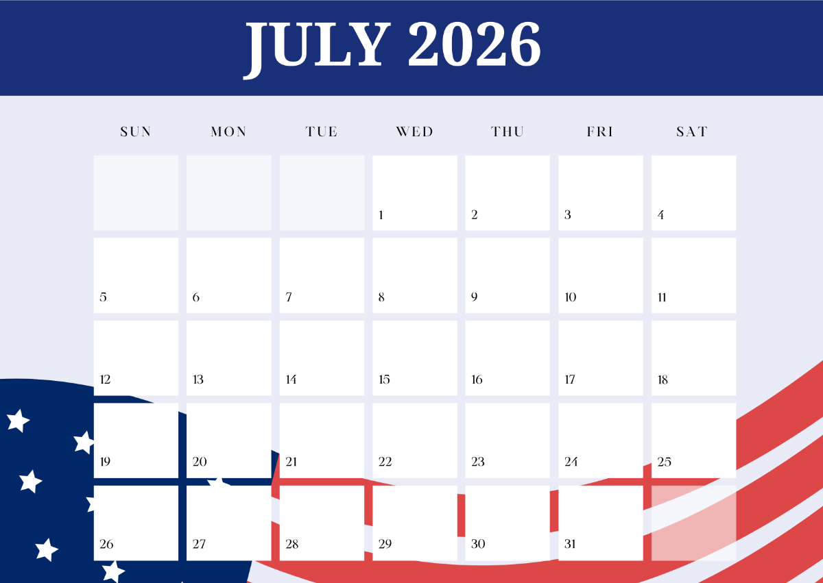 Blank July 2026 Calendar Editable