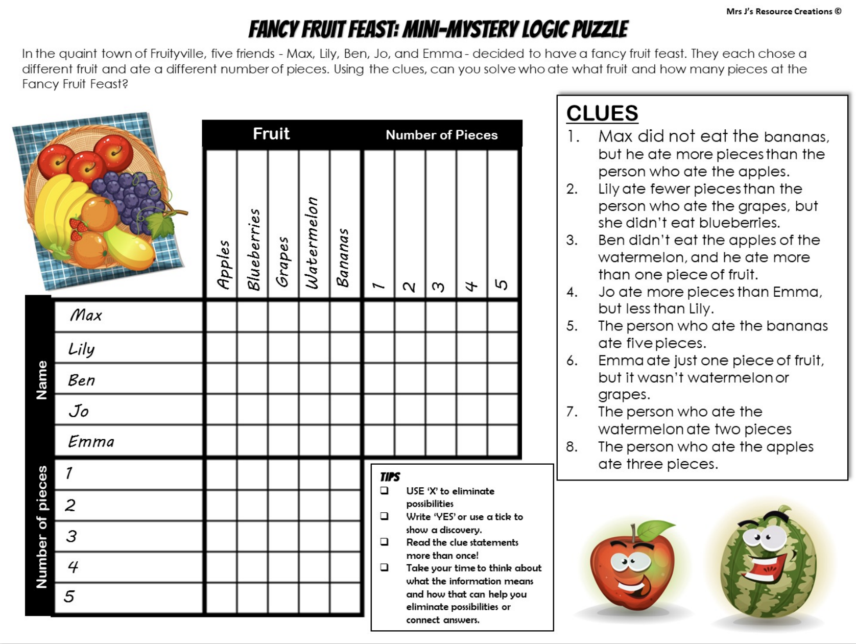 Fruit Mystery Logic Puzzle Brain Teaser Worksheet Activity Free 