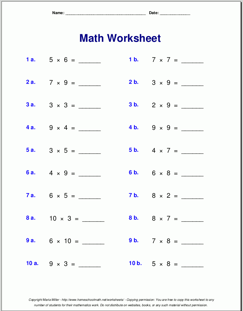 Free Printable Multiplication Table Worksheet