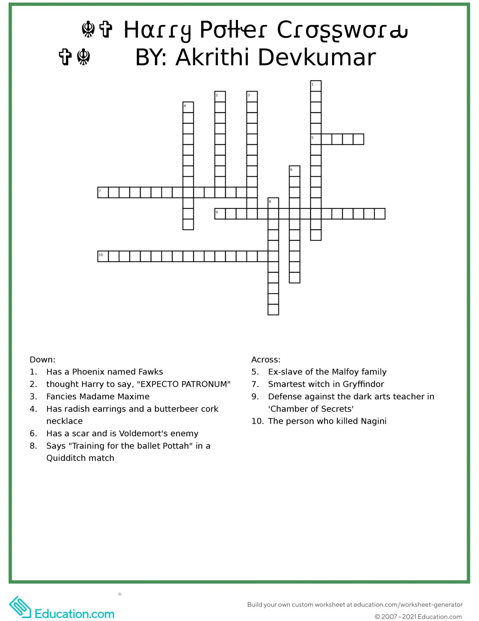 HARRY POTTER CROSSWORD Kaur Online English