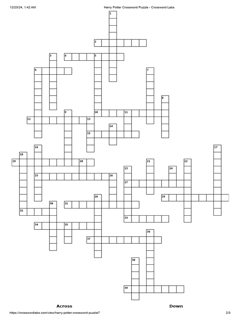 Harry Potter Crossword Puzzle Crossword Labs PDF Fictional 