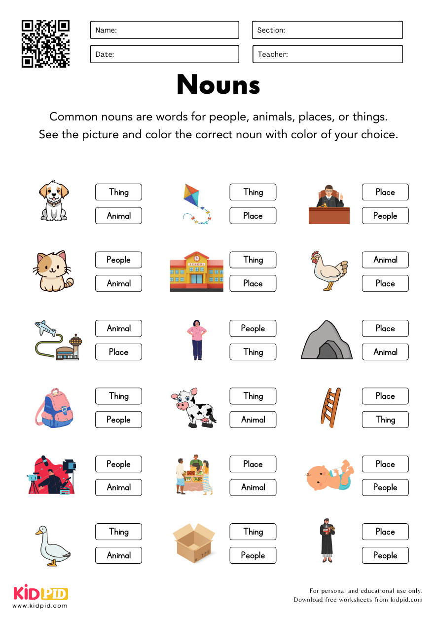 Free Printable Noun Worksheets For 1st Grade