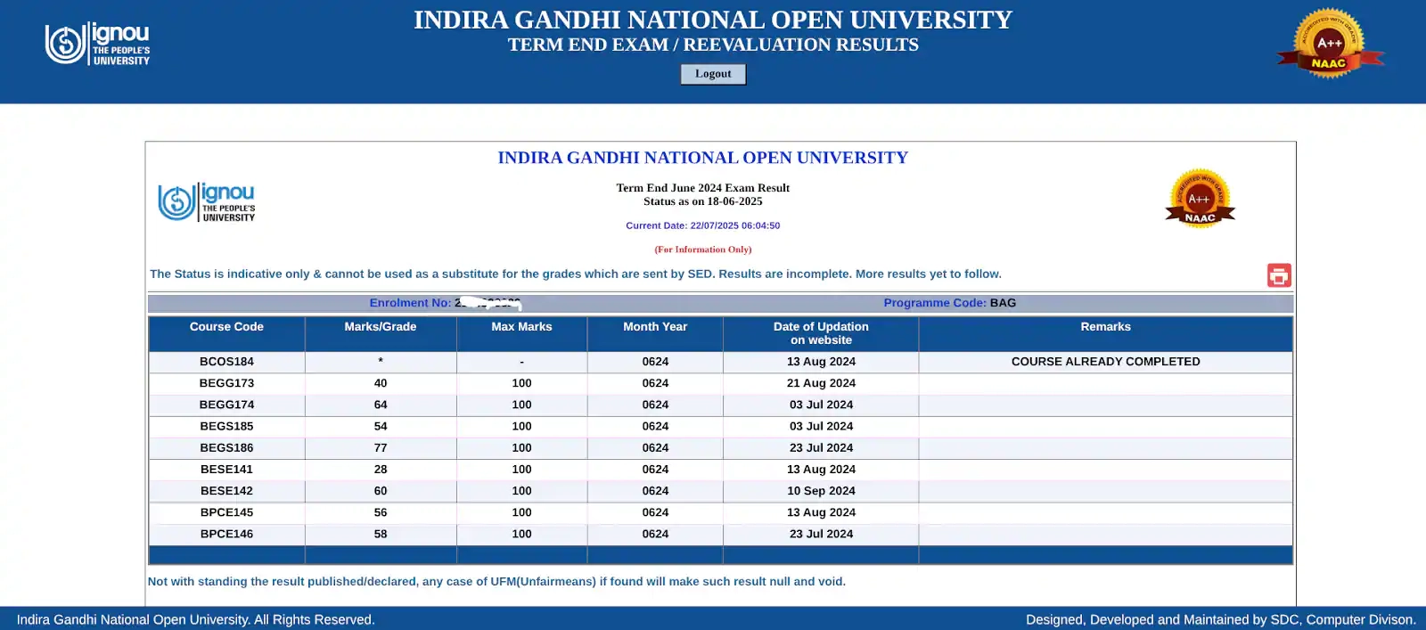 ignou june 2025 early declaration result direct link
