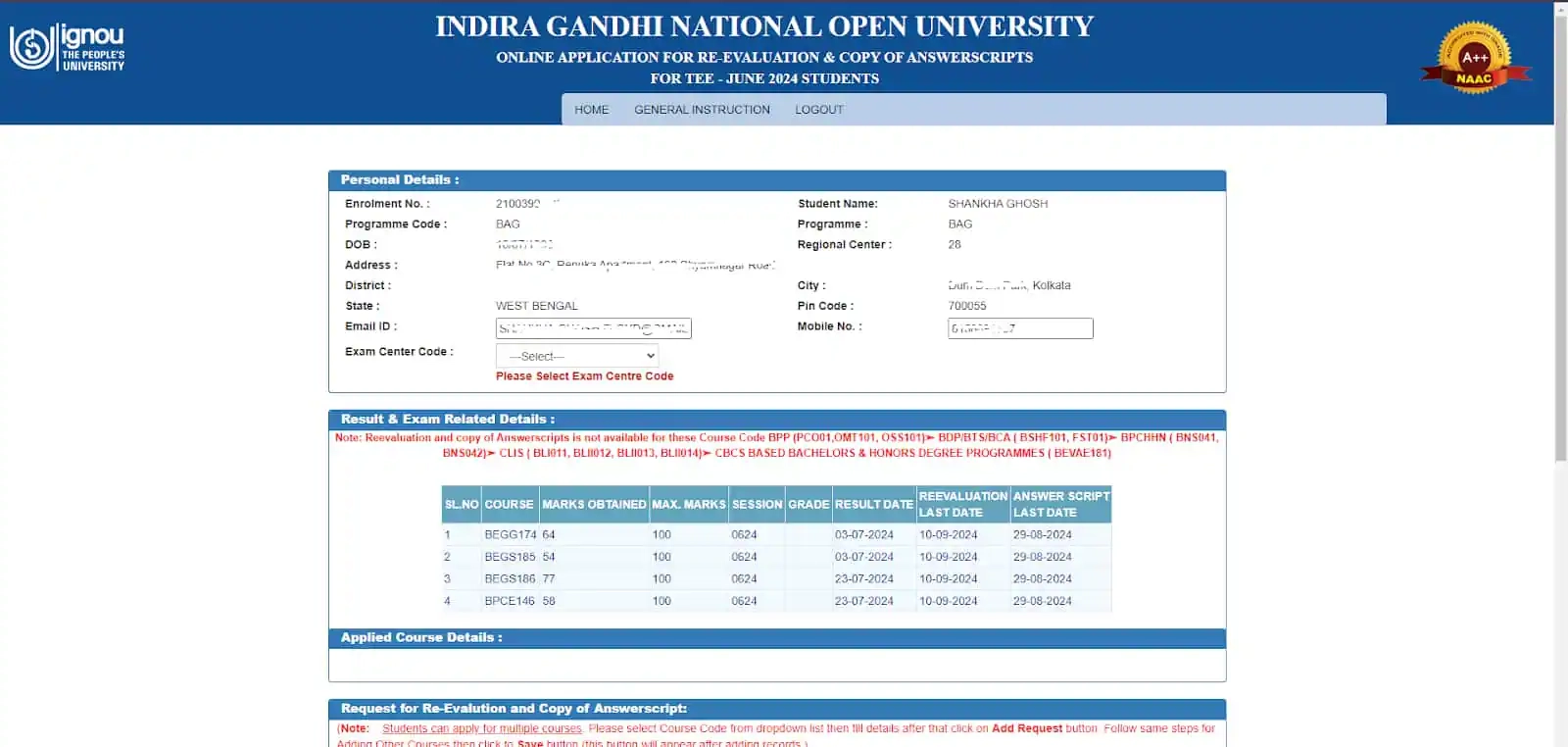 ignou revaluation result 2025 out ignou ac in june tee form