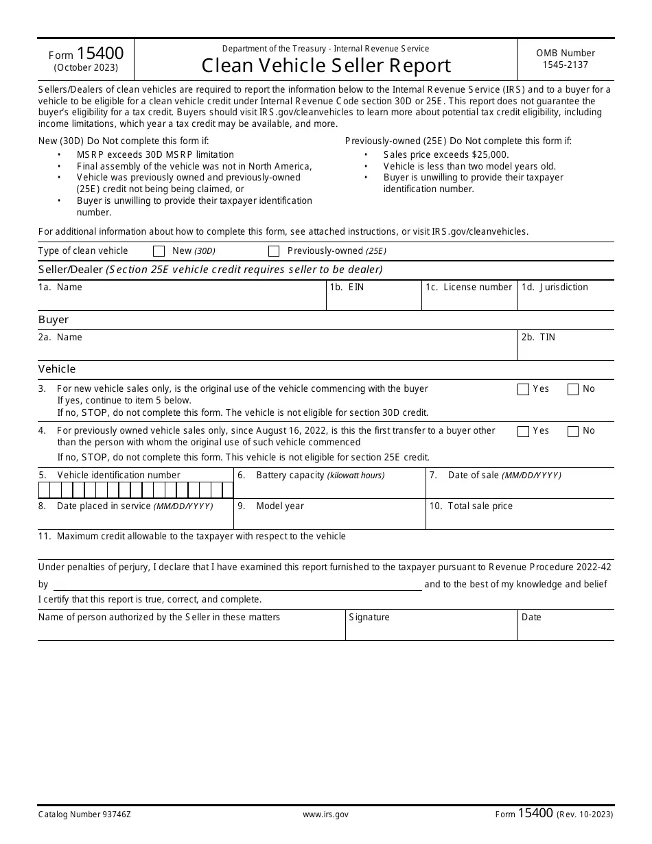 IRS Form 15400 Download Fillable PDF Or Fill Online Clean Vehicle 