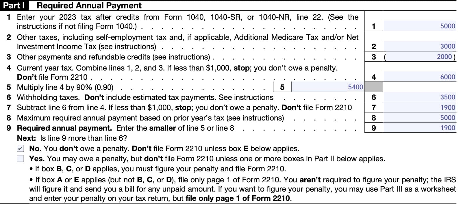 IRS Form 2210 Instructions Underpayment Of Estimated Tax