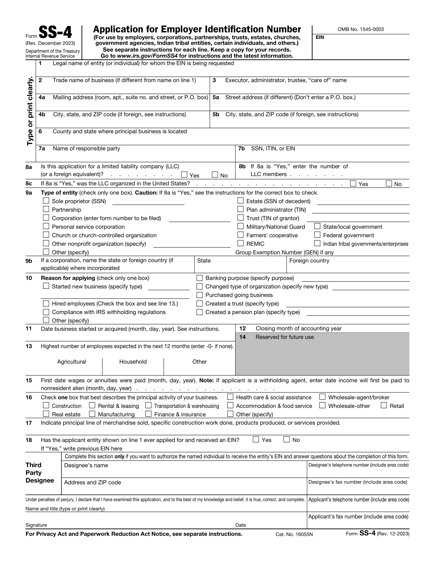 IRS Form SS 4 Application For EIN Fillable amp Downloadable