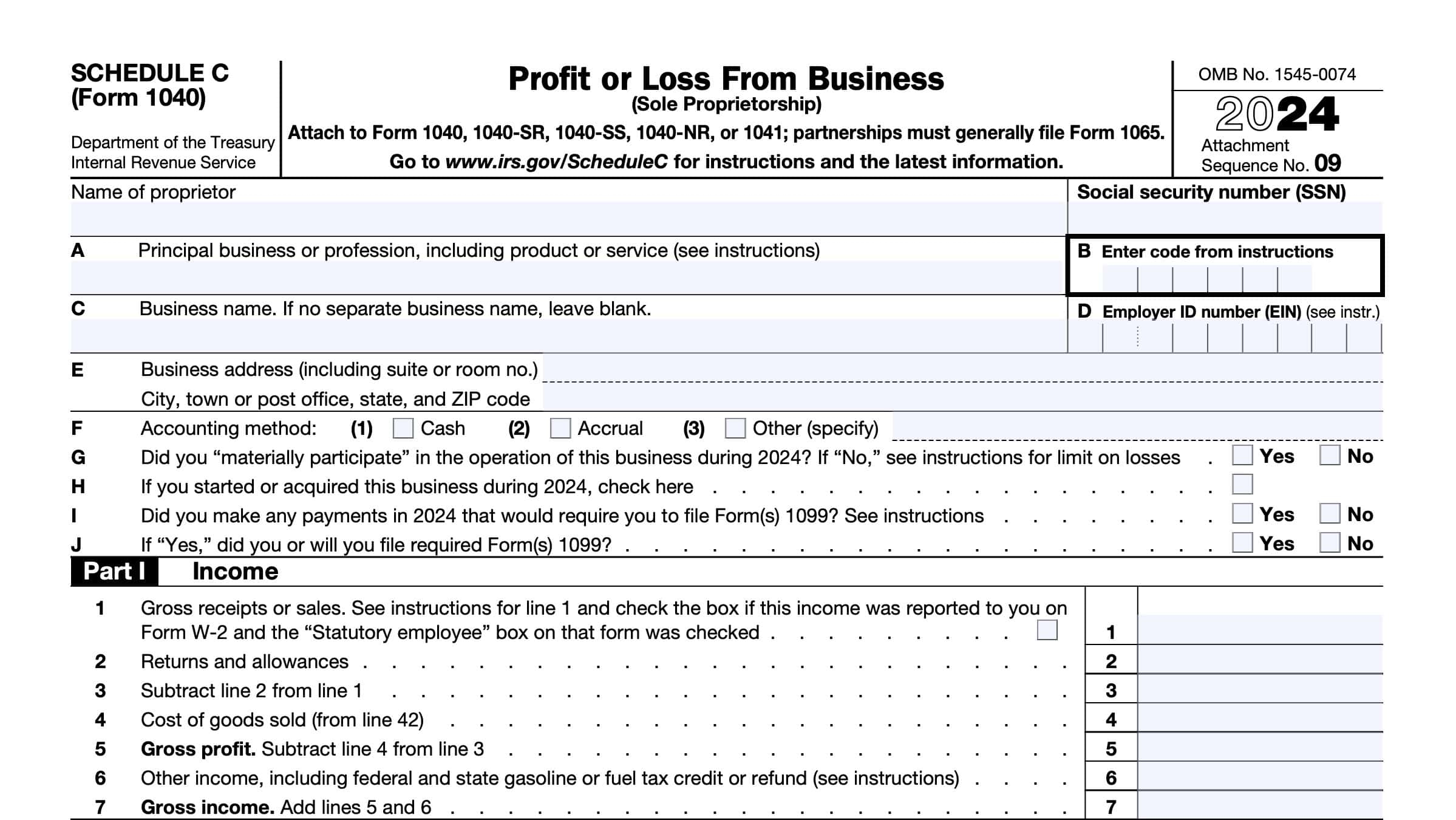 IRS Schedule C Instructions Business Profit Or Loss