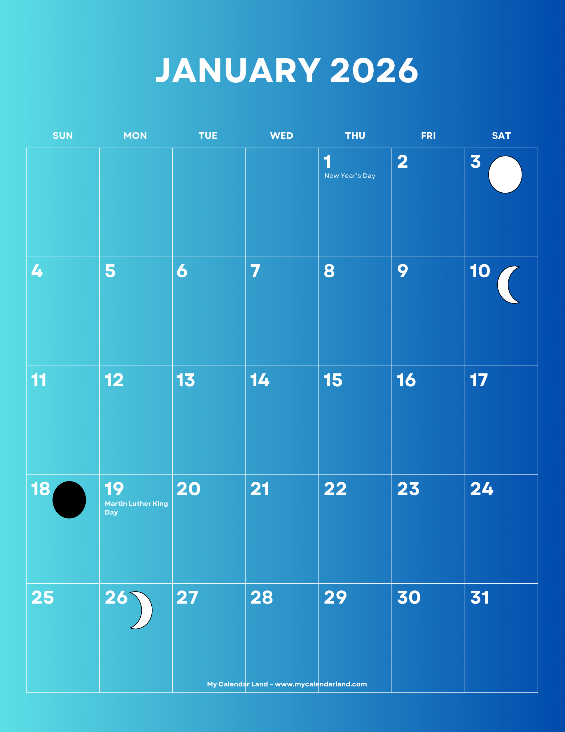 January 2026 Calendar My Calendar Land