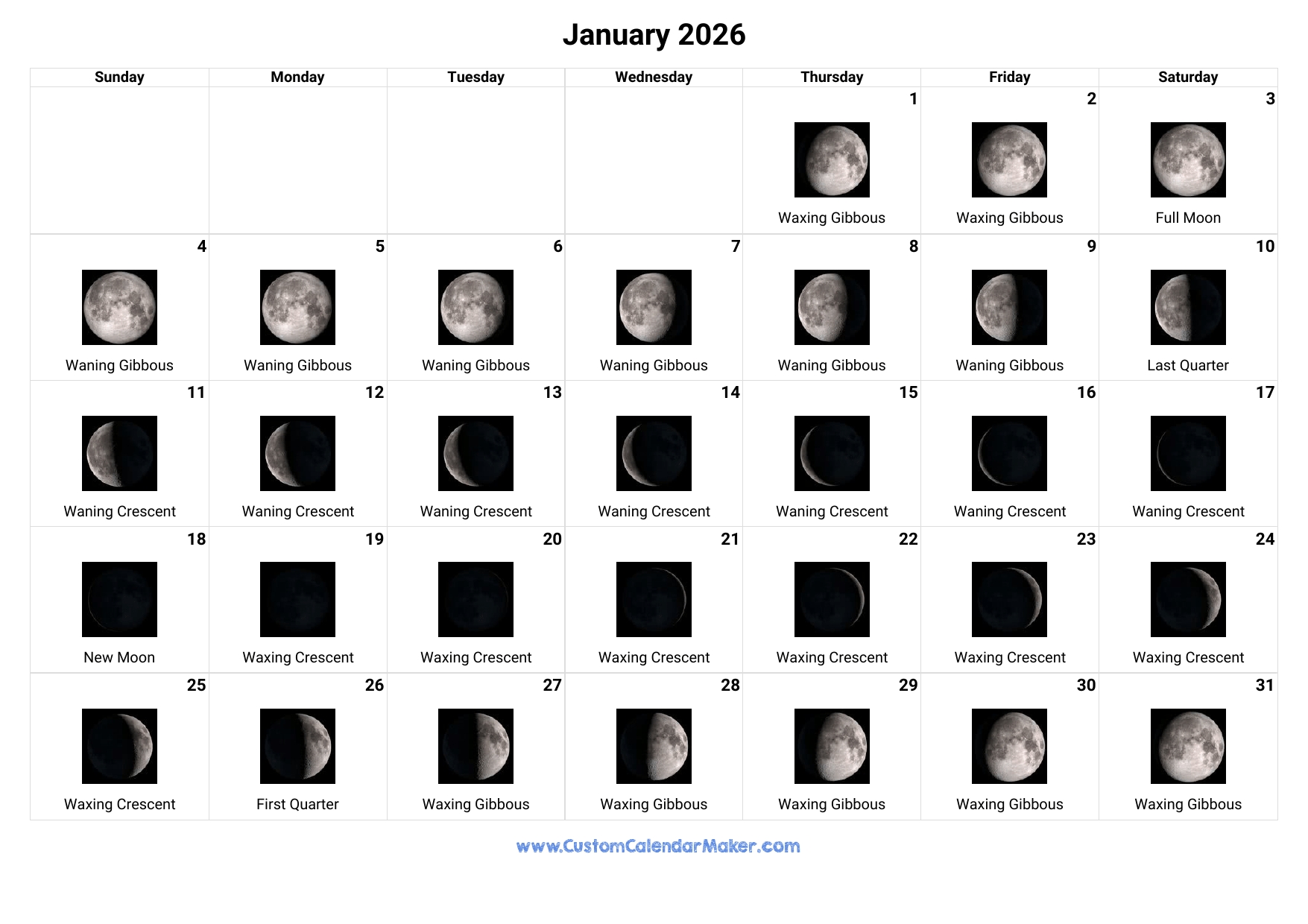 Full Moon Calendar 2026 Printable