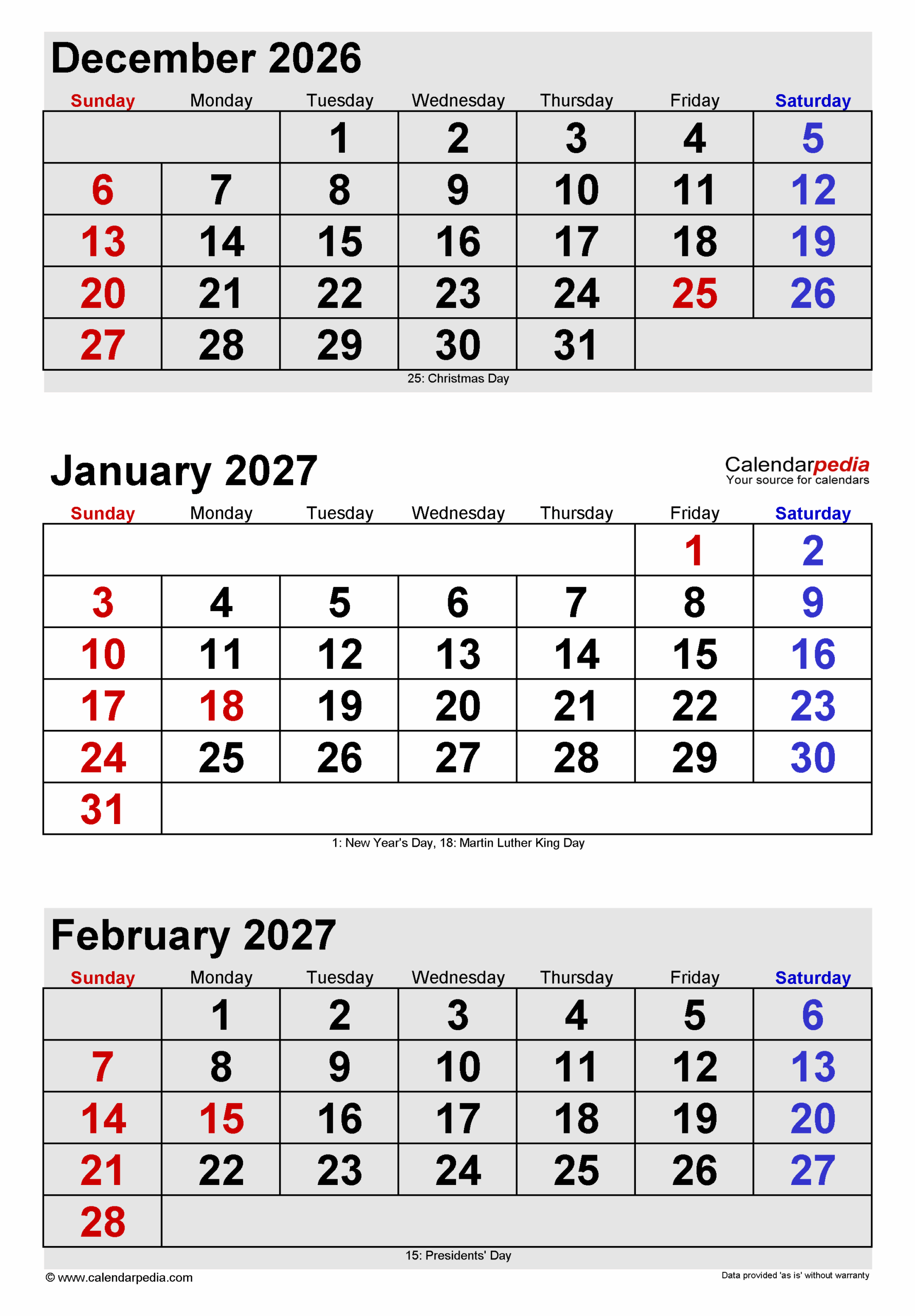 December 2026 And January 2027 Calendar Printable