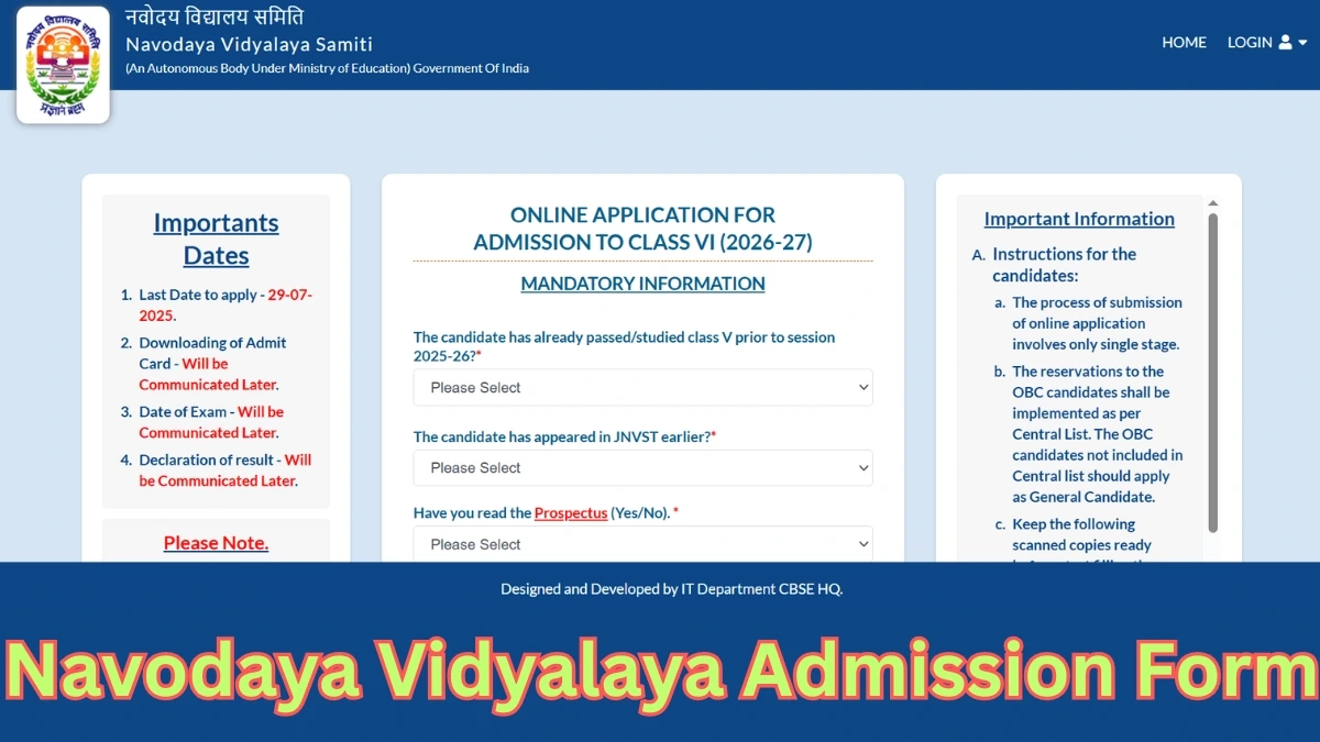 Jnv 2026 Application Form For 6th Class
