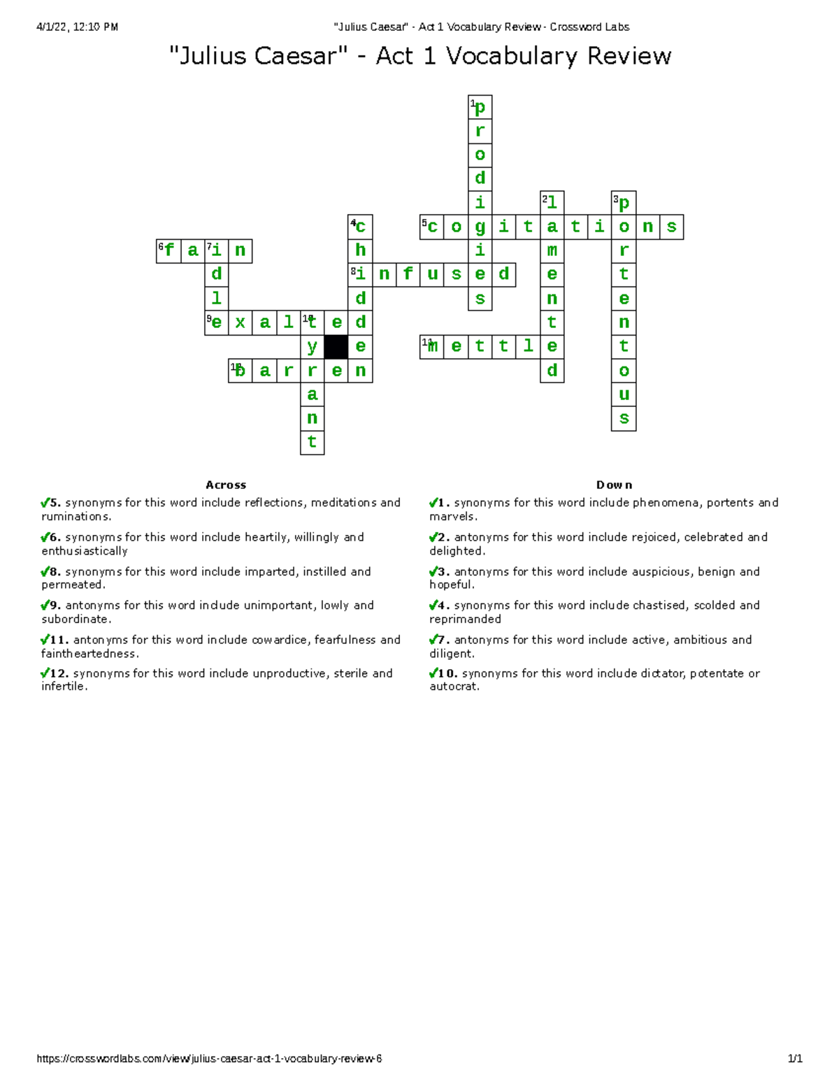 Julius Caesar Act 1 Vocabulary Review Crossword Activity Studocu