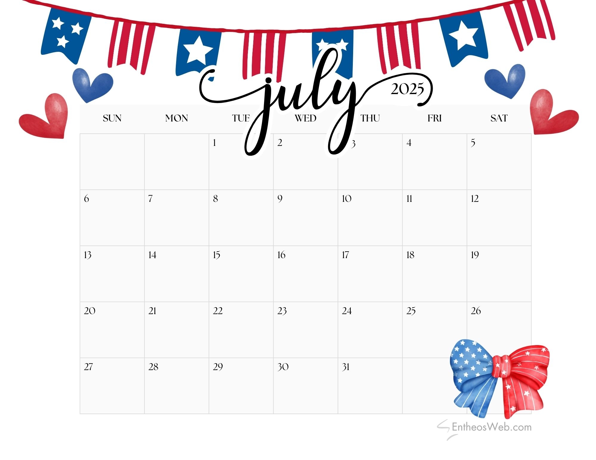 Printable 4th Of July Calendar