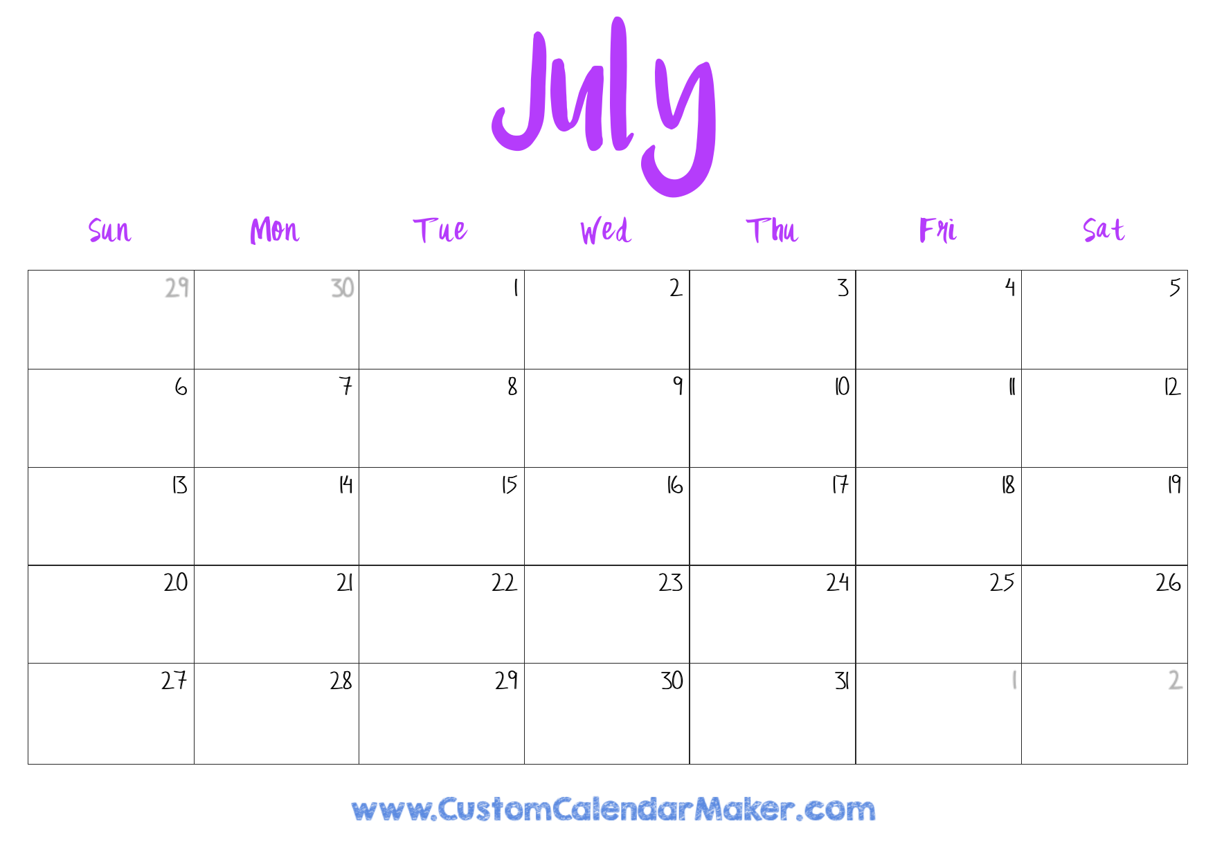 Blank Printable July Calendar