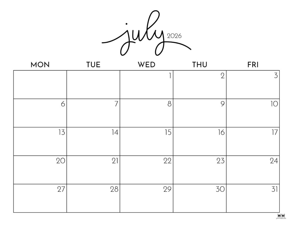 July Blank Calendar 2026 Printable Free