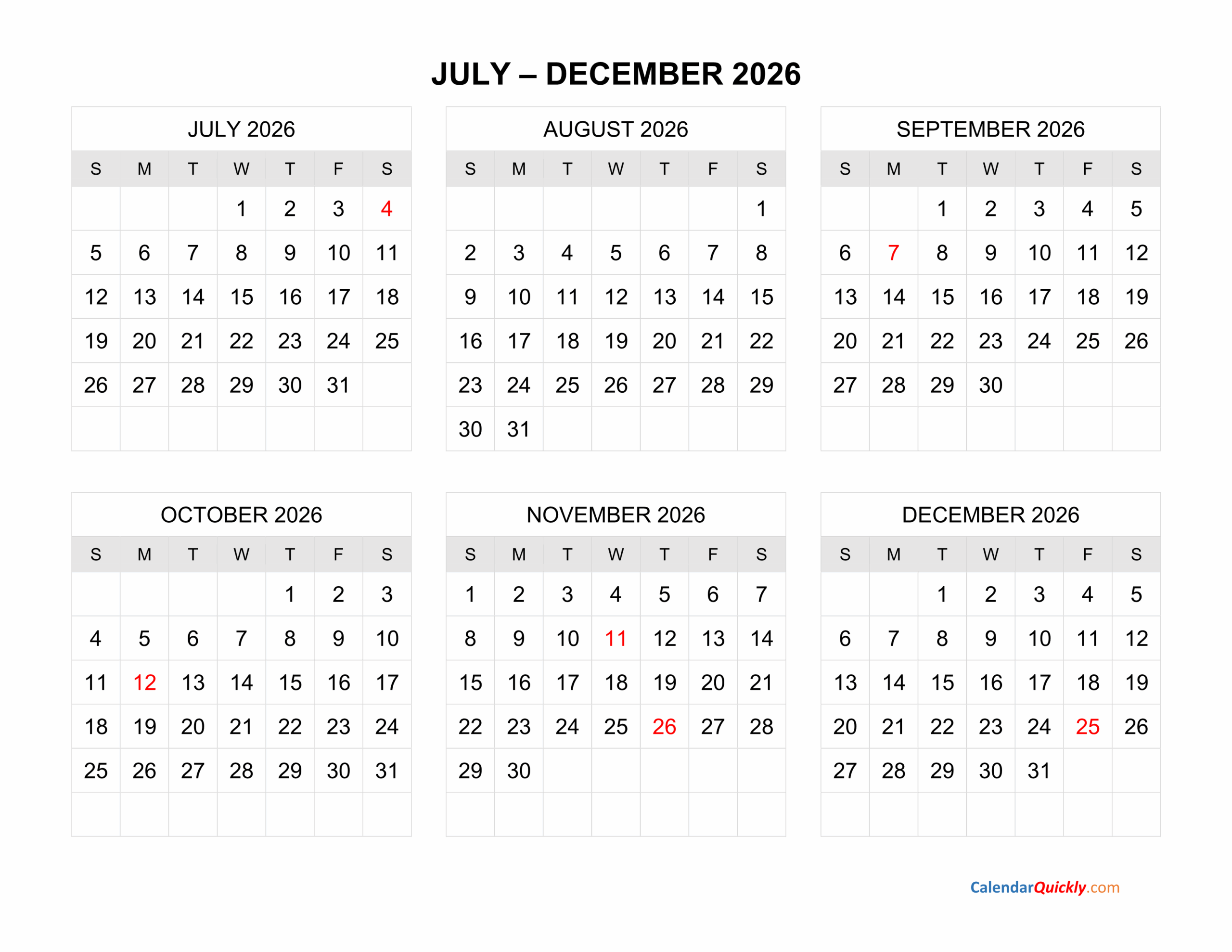 July To December 2026 Calendar Horizontal Calendar Quickly
