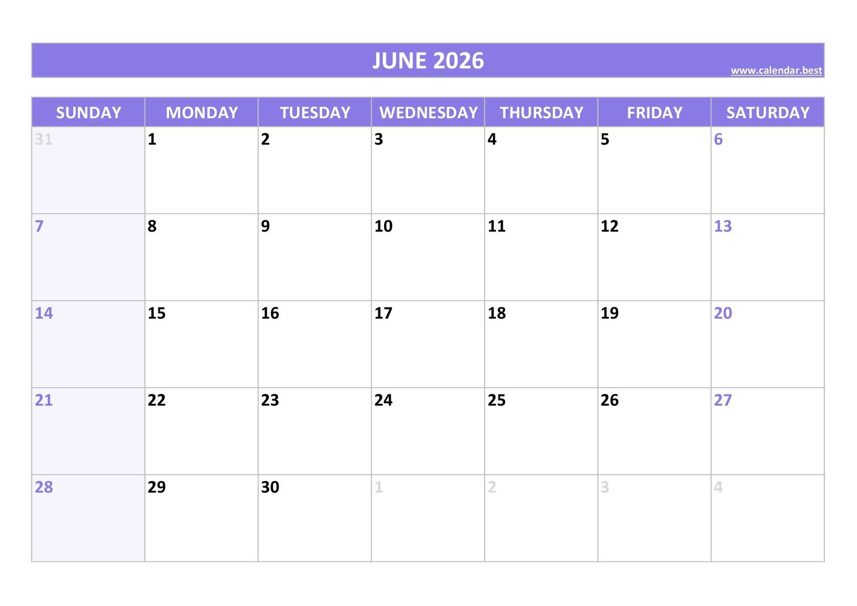 June Calendar For 2026