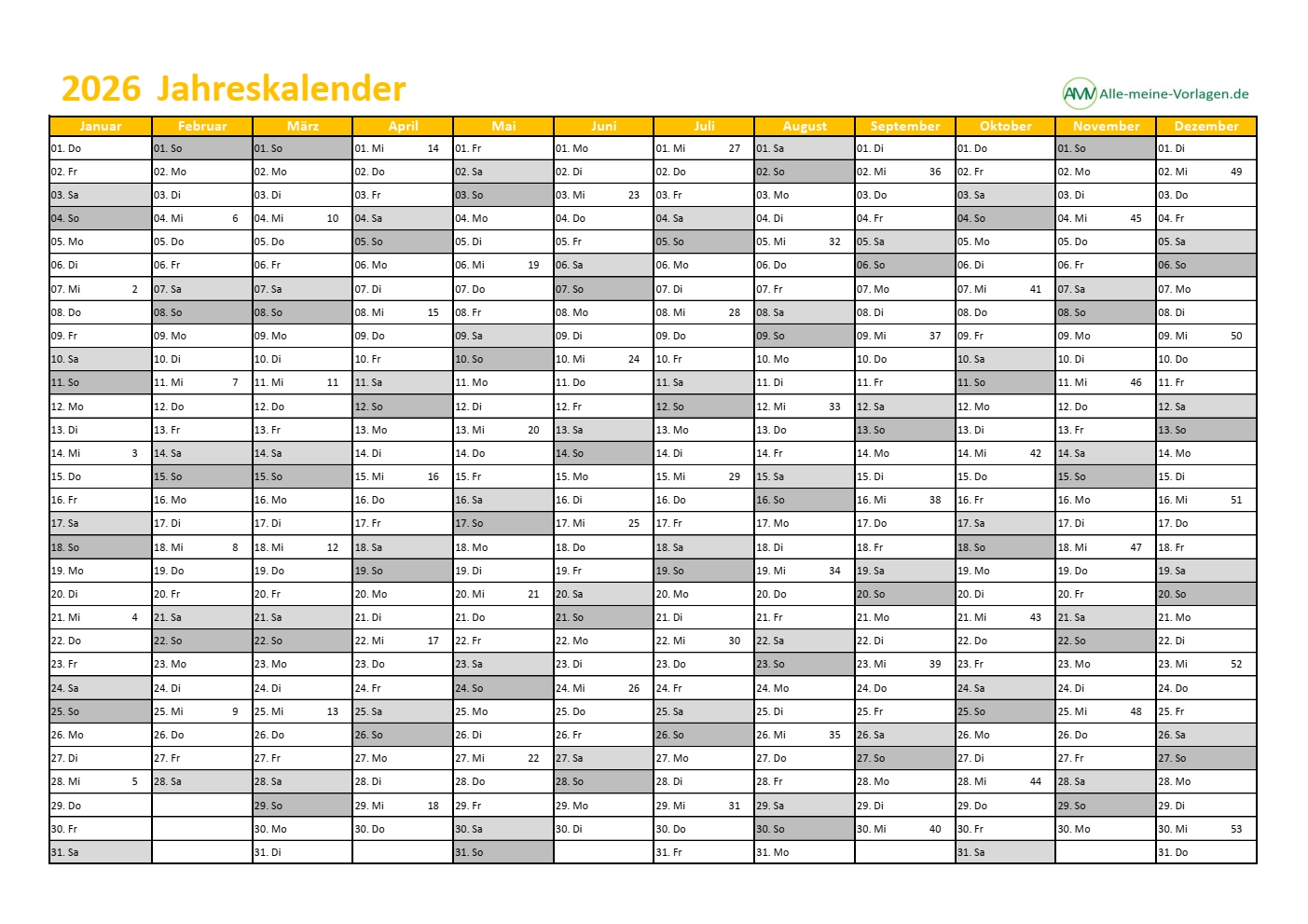 Kalender 2026 Als Excel Vorlage Und PDF Alle meine Vorlagen de