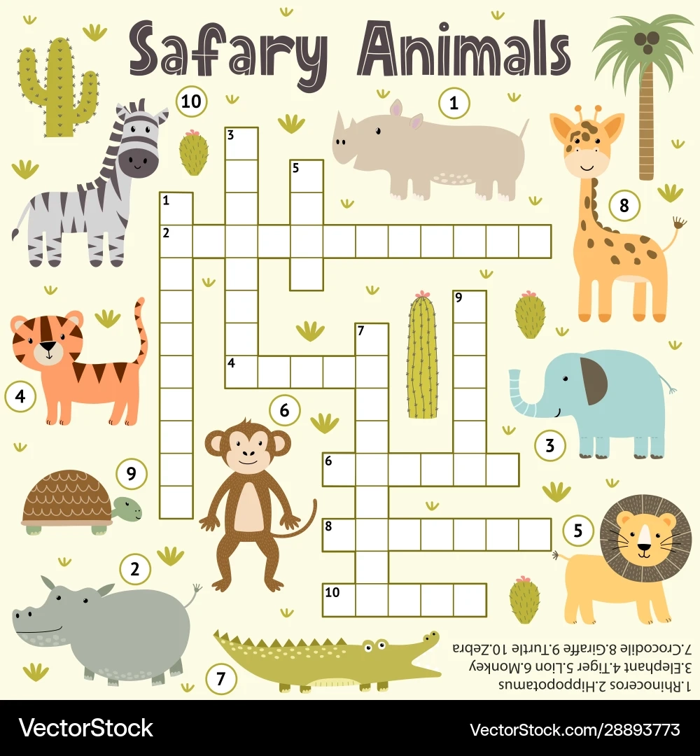 Kids Safari Animal Crossword Puzzle Royalty Free Vector 