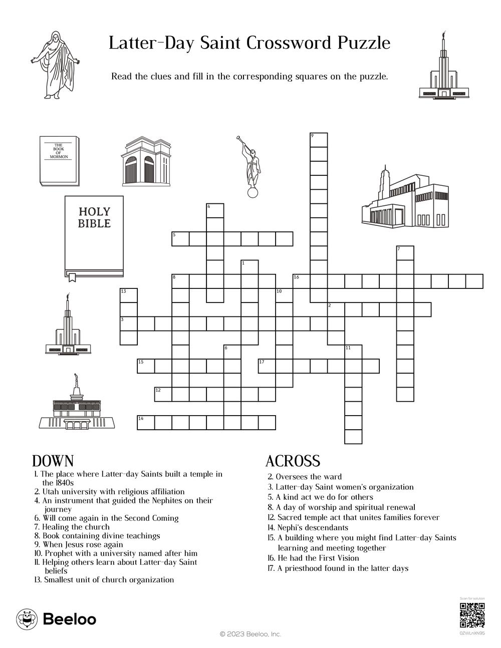 Latter day Saint themed Crossword Puzzles Beeloo Printable 