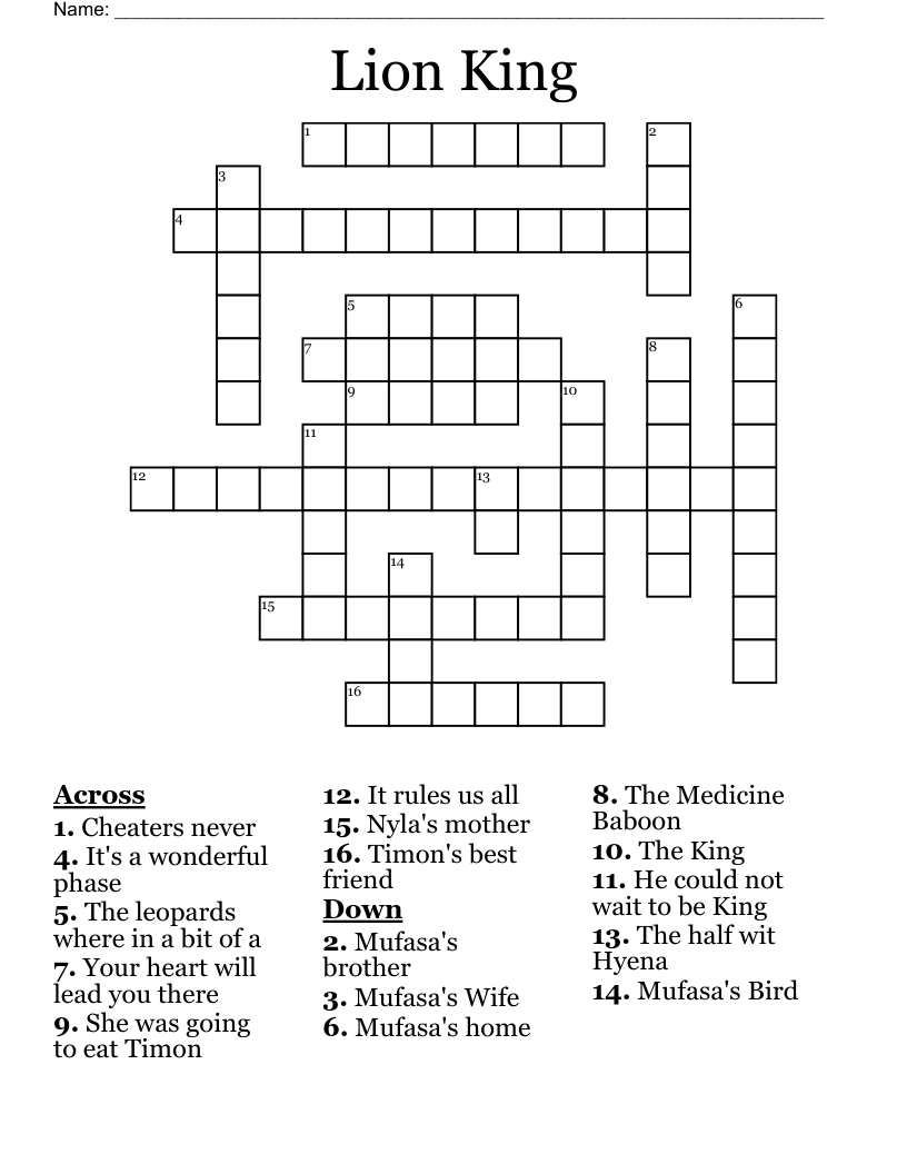 Lion King Crossword WordMint