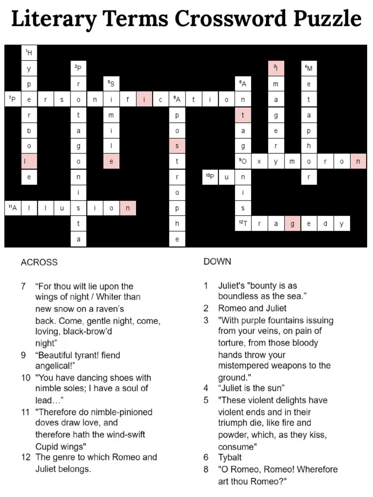 Literary Terms Crossword Puzzle PDF