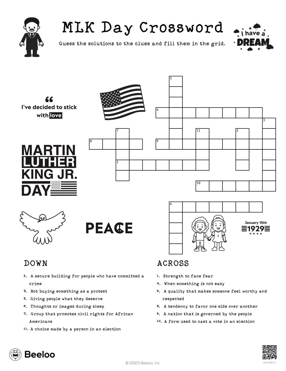 Martin Luther King Jr Day themed Crossword Puzzles Beeloo 