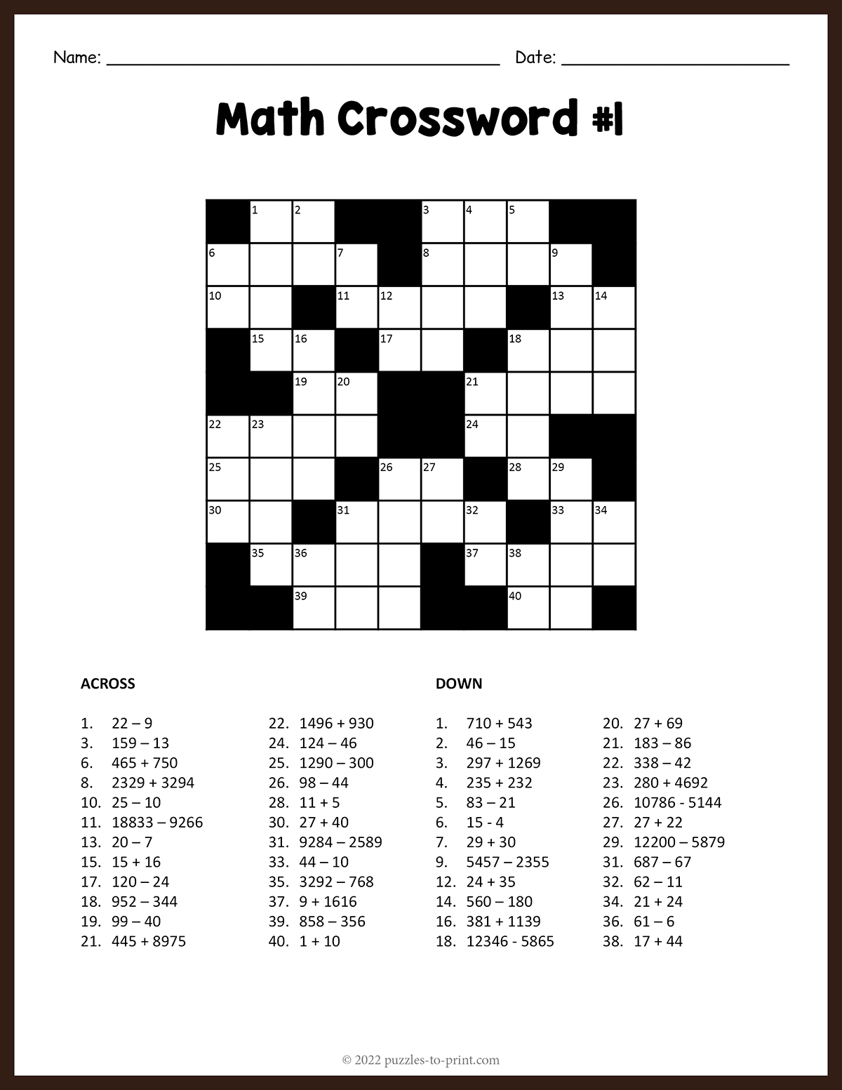 Printable Number Crossword Puzzles Free