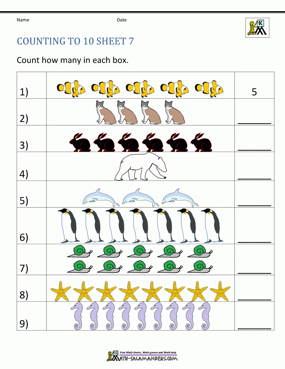 Math Salamanders Free Kindergarten Counting To 10 Worksheets 