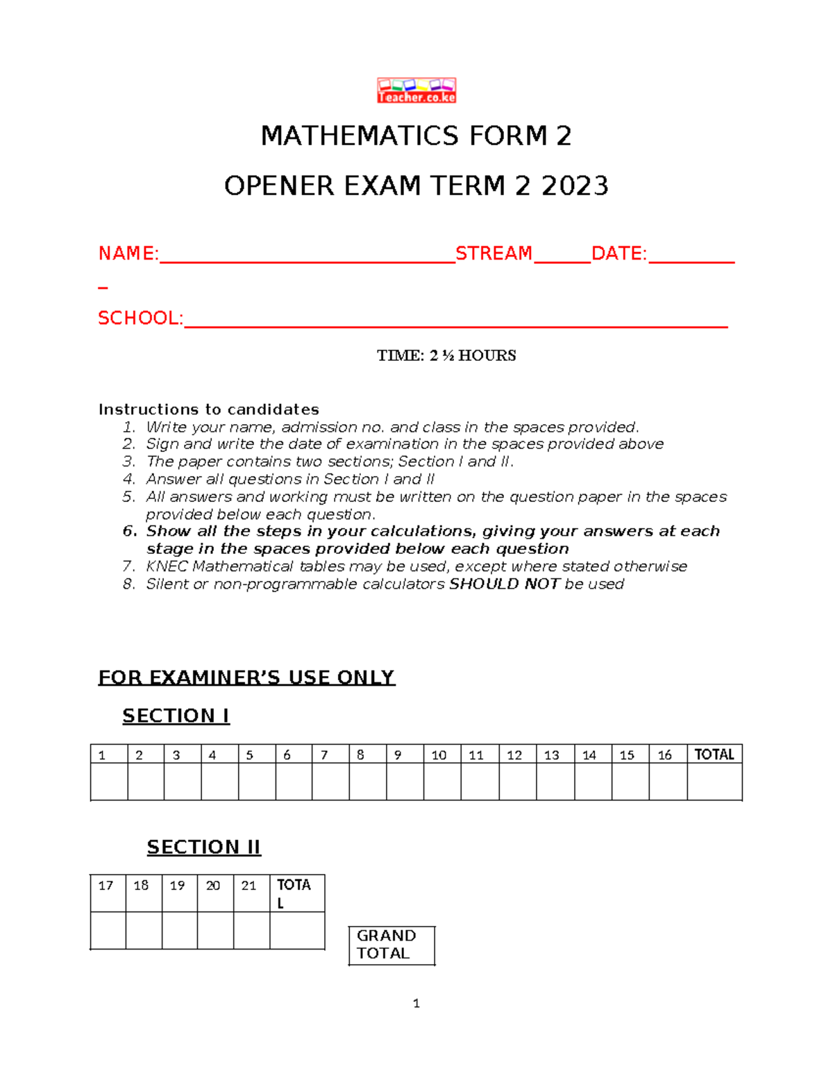 Mathematics Form 2 Opener Exam Term 2 2023 Studocu
