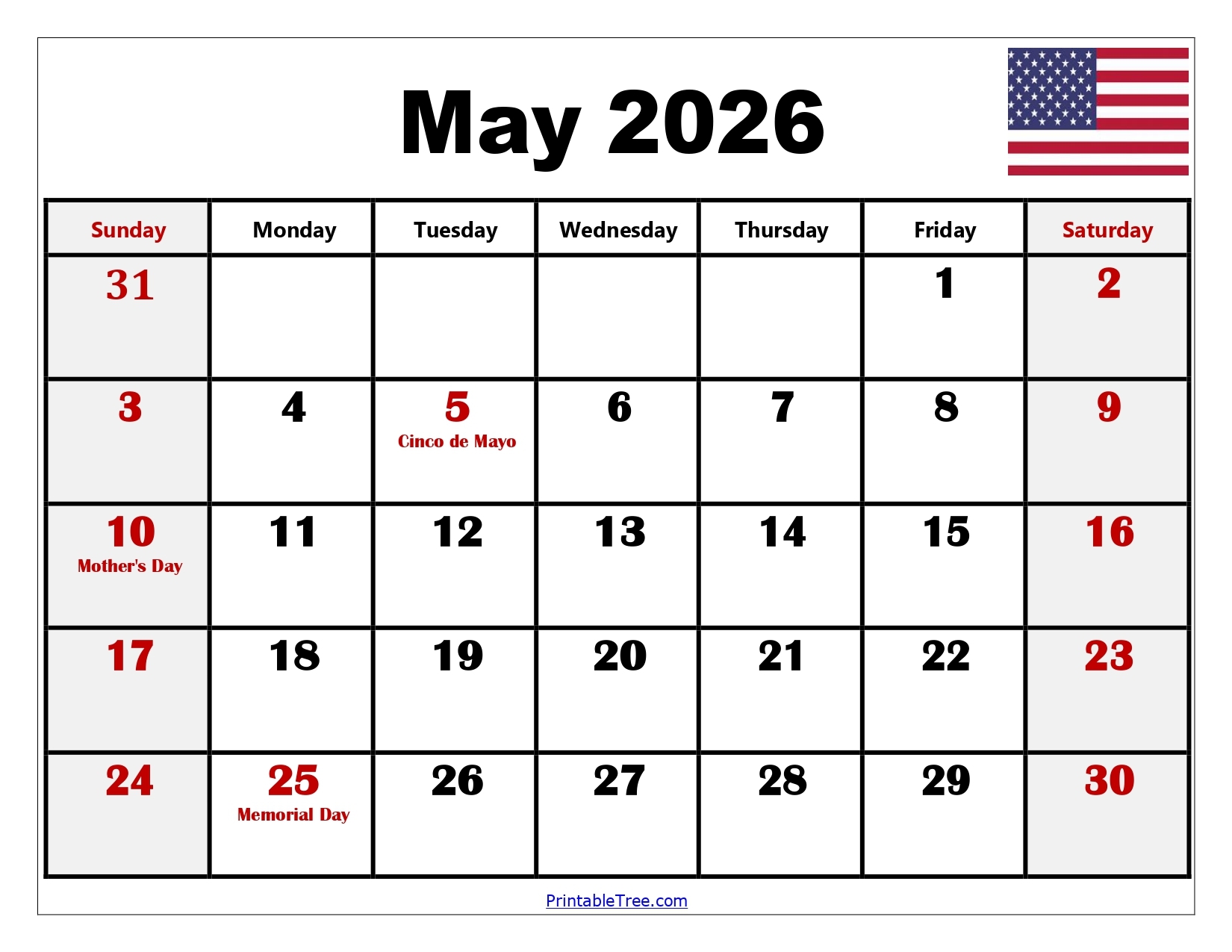 Blank 2026 Printable Calendar With Holidays