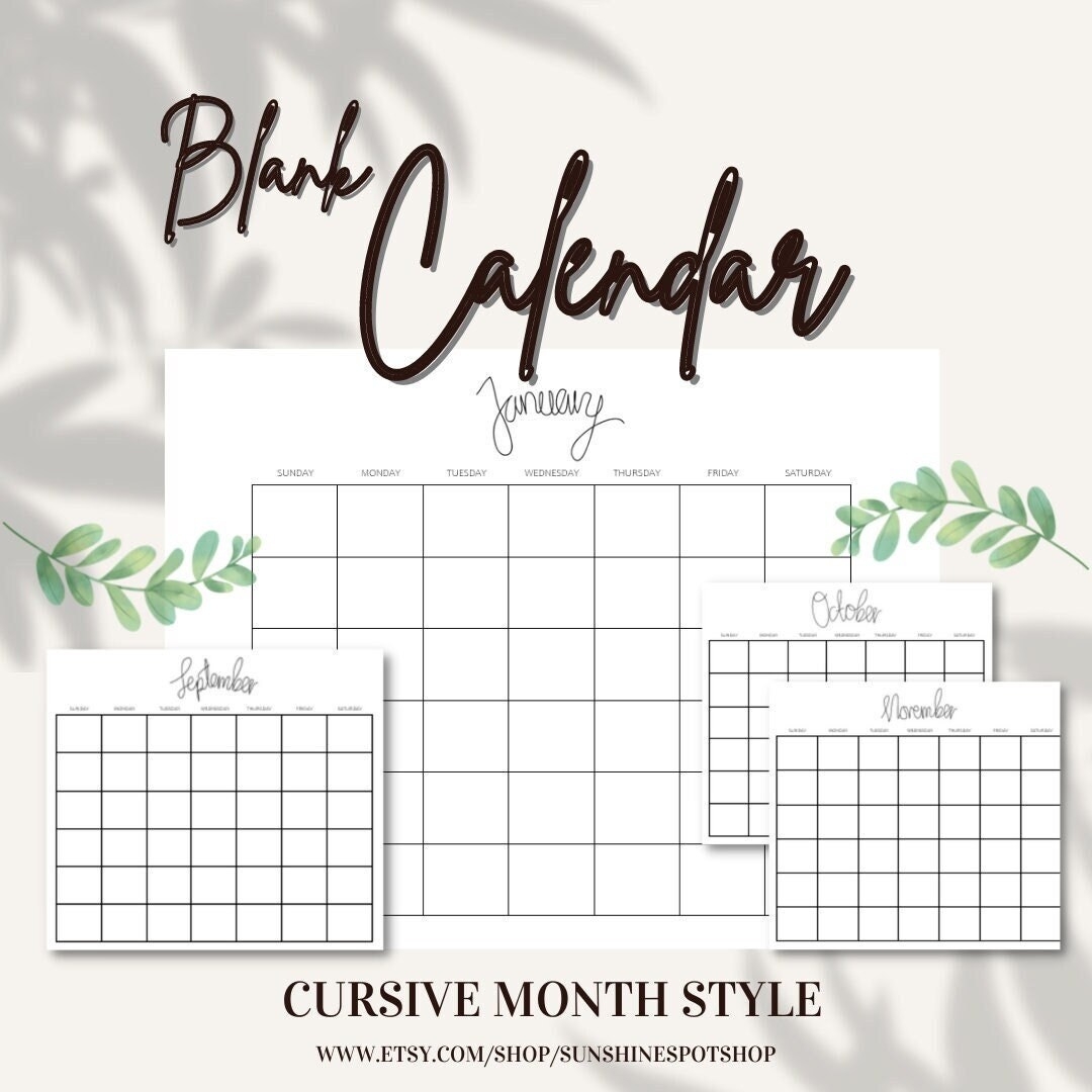 Monthly Blank Calendar Cursive Style Simple Calendar 11x8 5 
