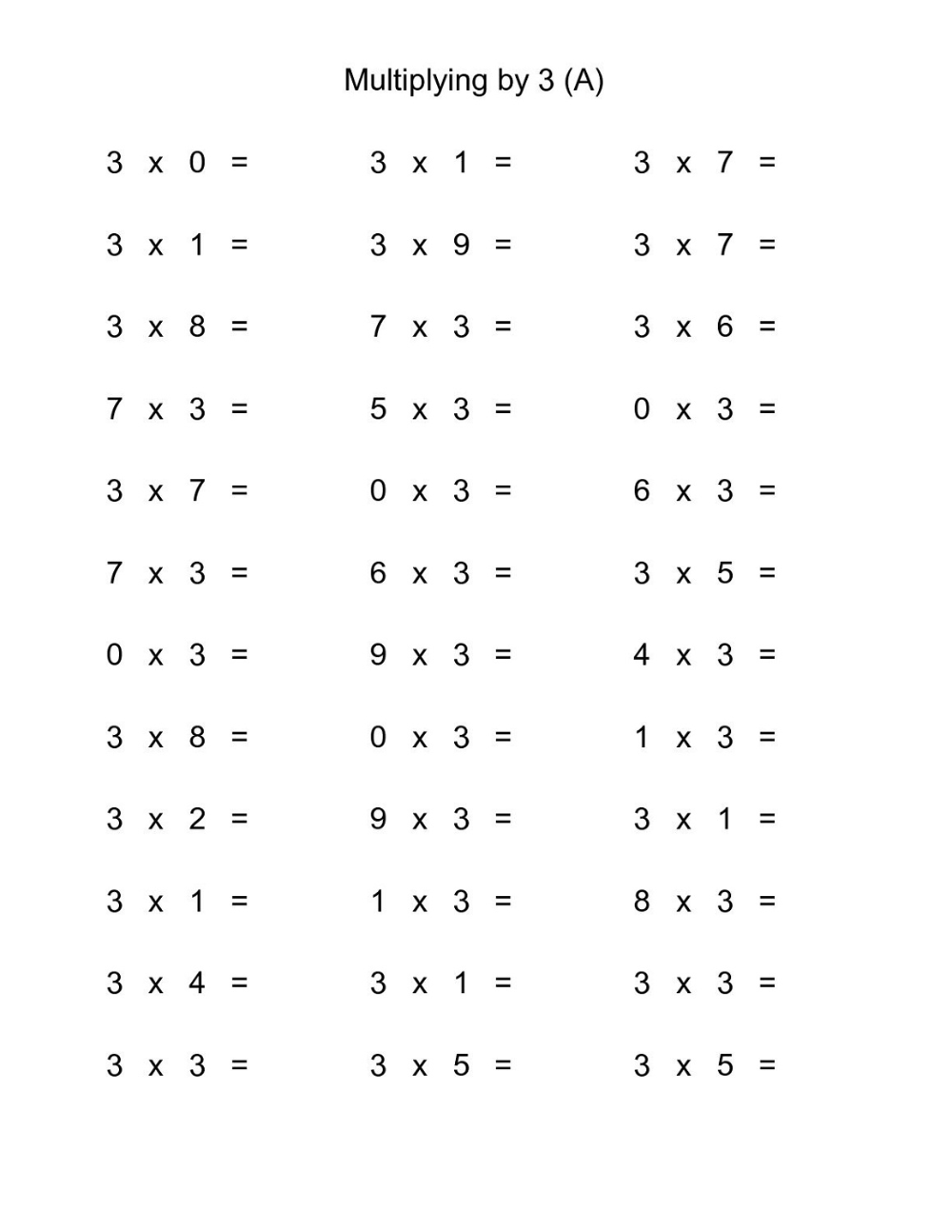 Multiply By 3 Worksheets Activity Shelter Math Fact Worksheets 