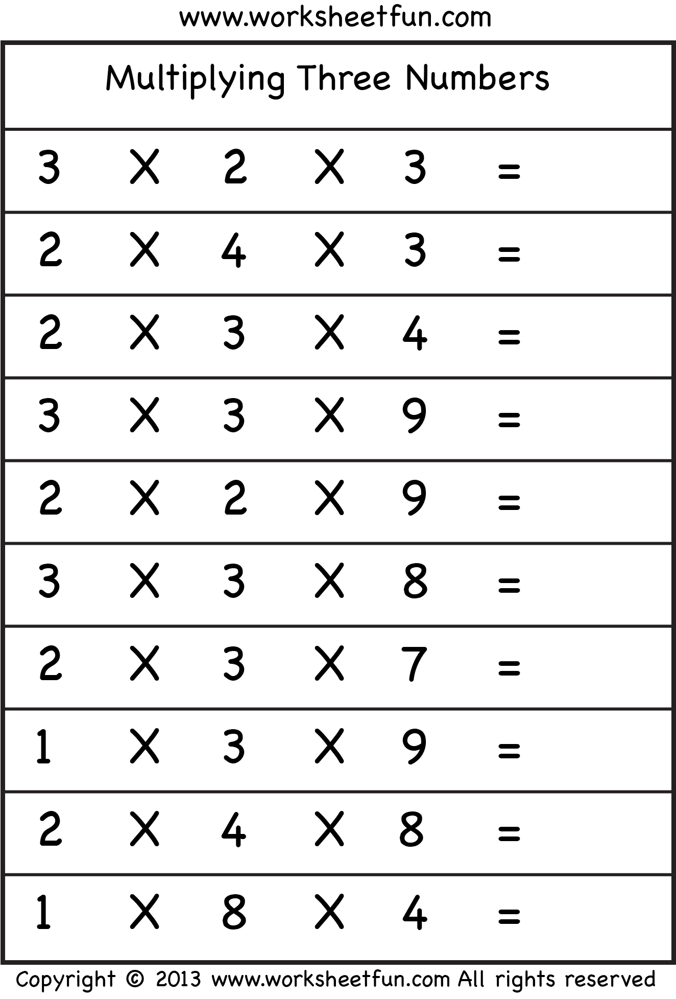 Multiplying 3 Numbers Three Worksheets FREE Printable 