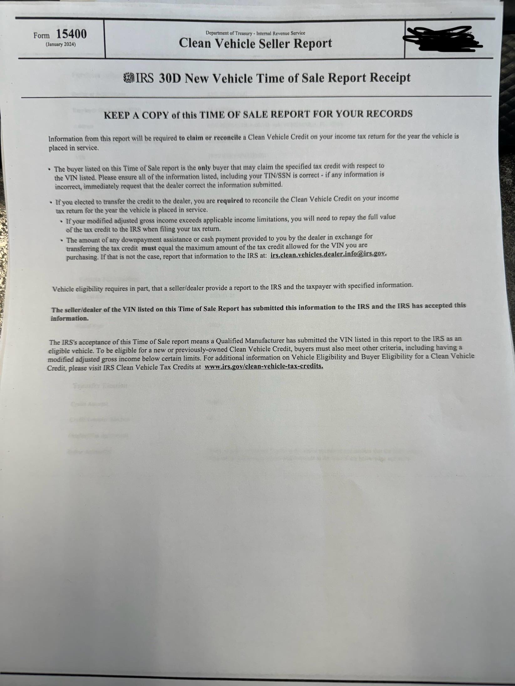 My Dealer Finally Processed My Form 15400 purchased Nov 2023 