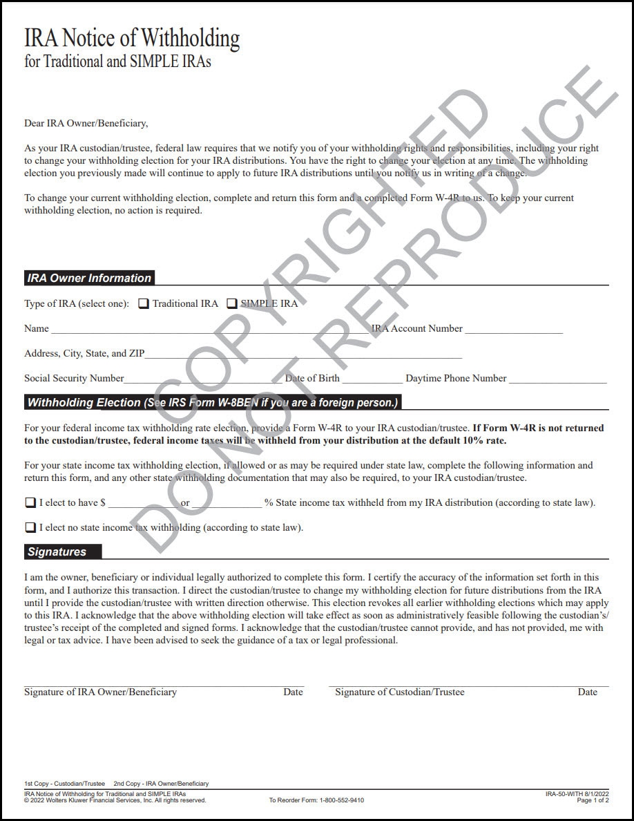 Notice Of Withholding For Traditional And SIMPLE IRAs Wolters Kluwer