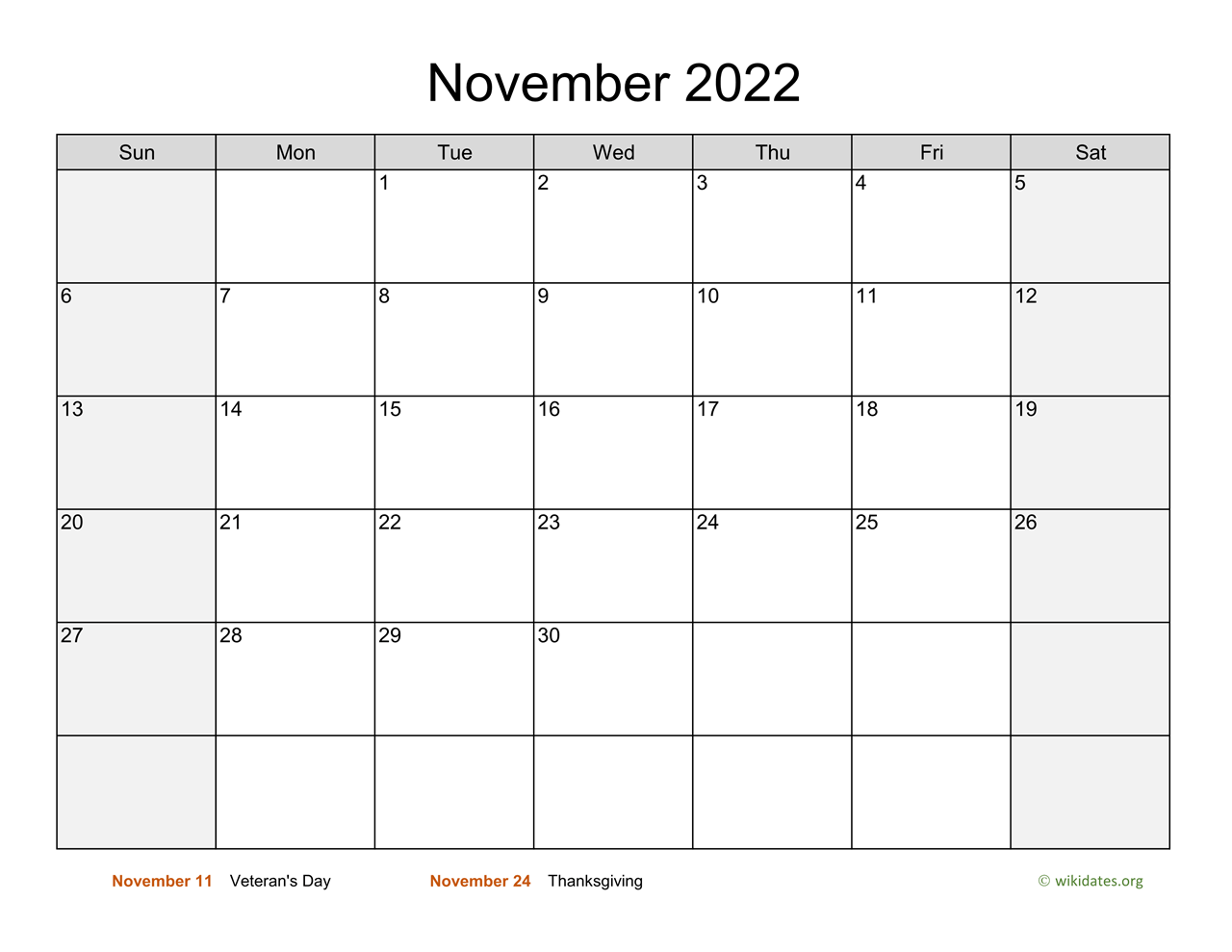 November 2022 Calendar With Weekend Shaded WikiDates