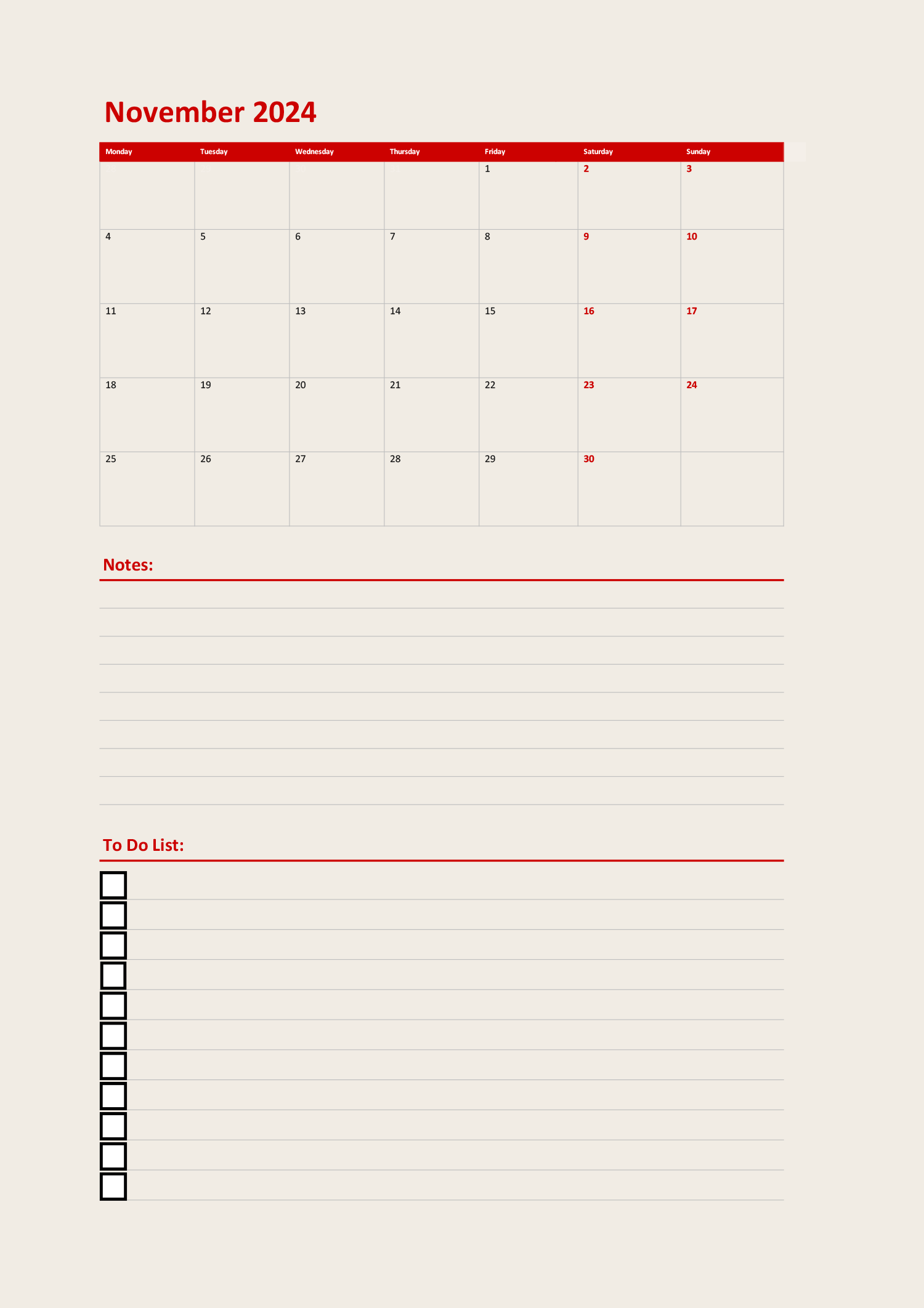 Excel Printable Calendar November