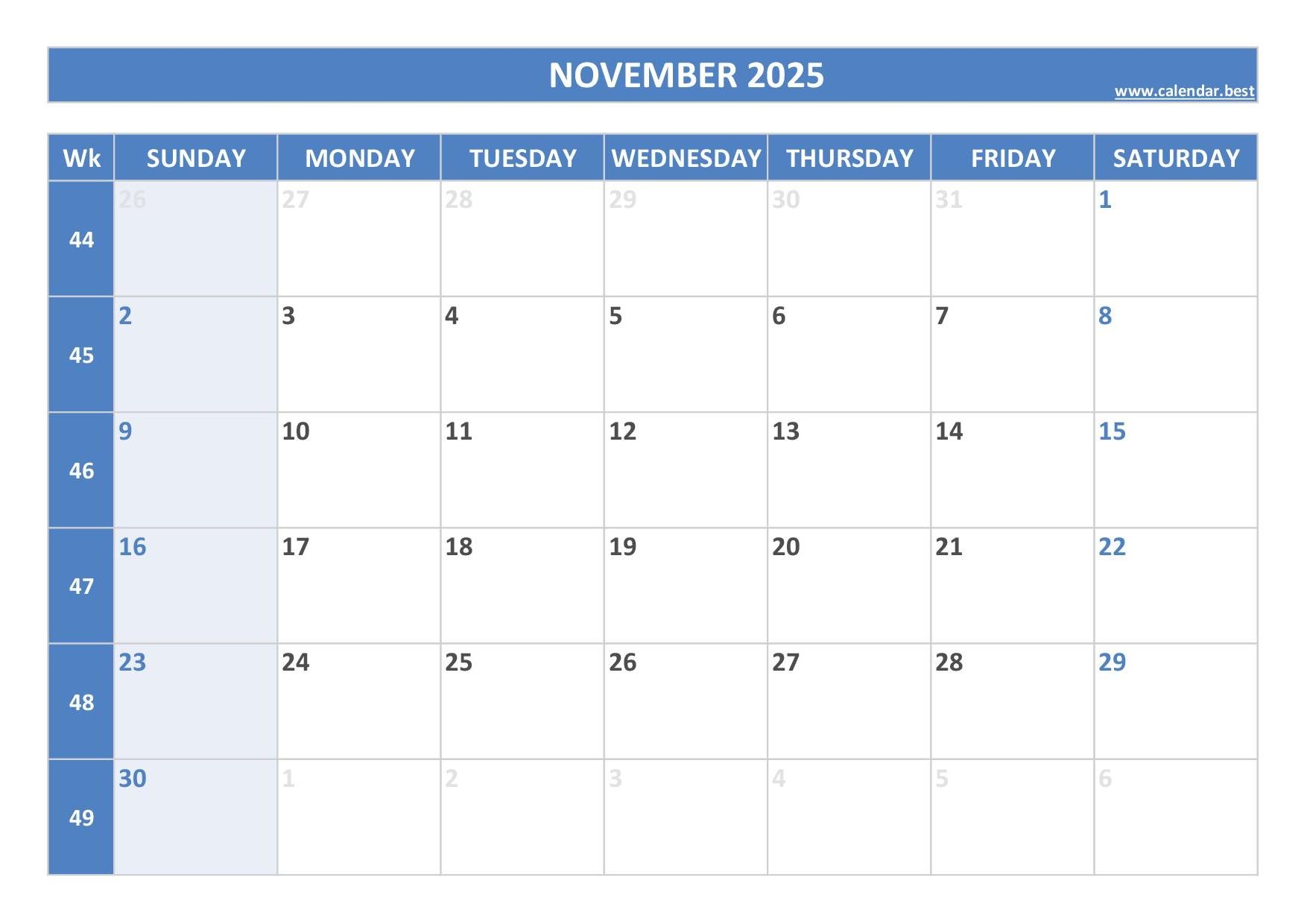 Work Week November Calendar Printable
