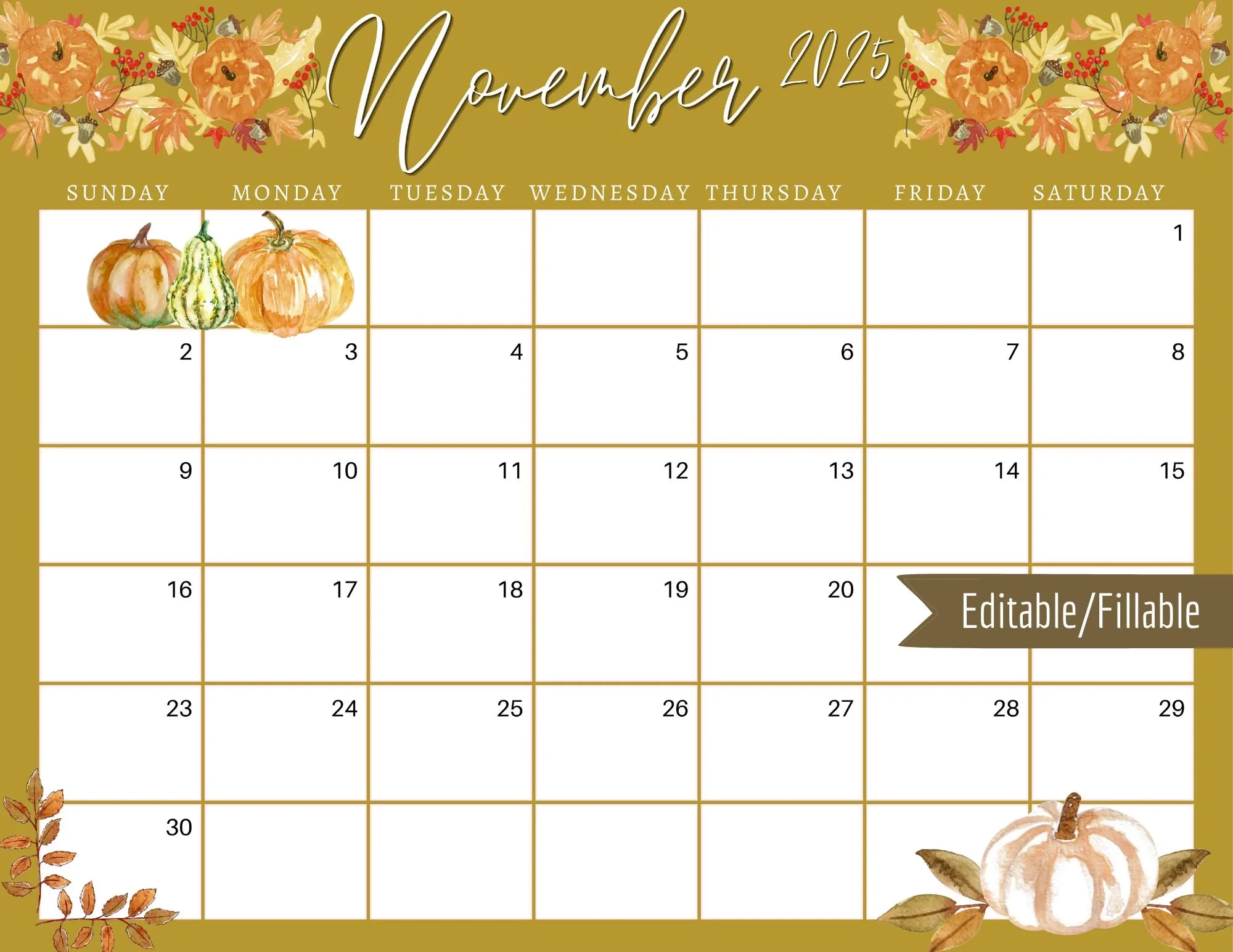 November 2025 Calendar Yellow Leaves Printable Planner PDF PNG 