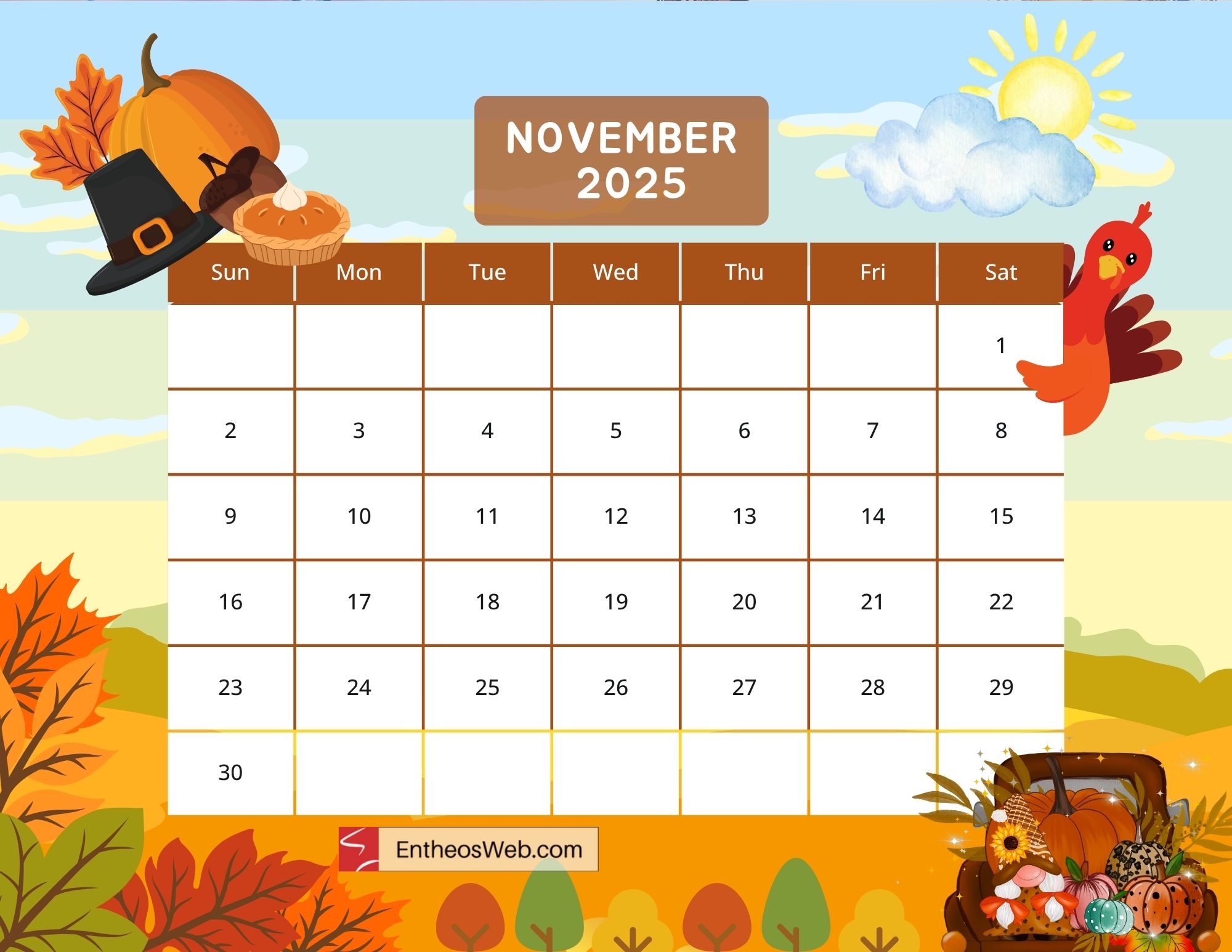 November Printable Turkey Calendar